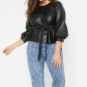 Eloquii Faux Leather Pleat Front Blouse